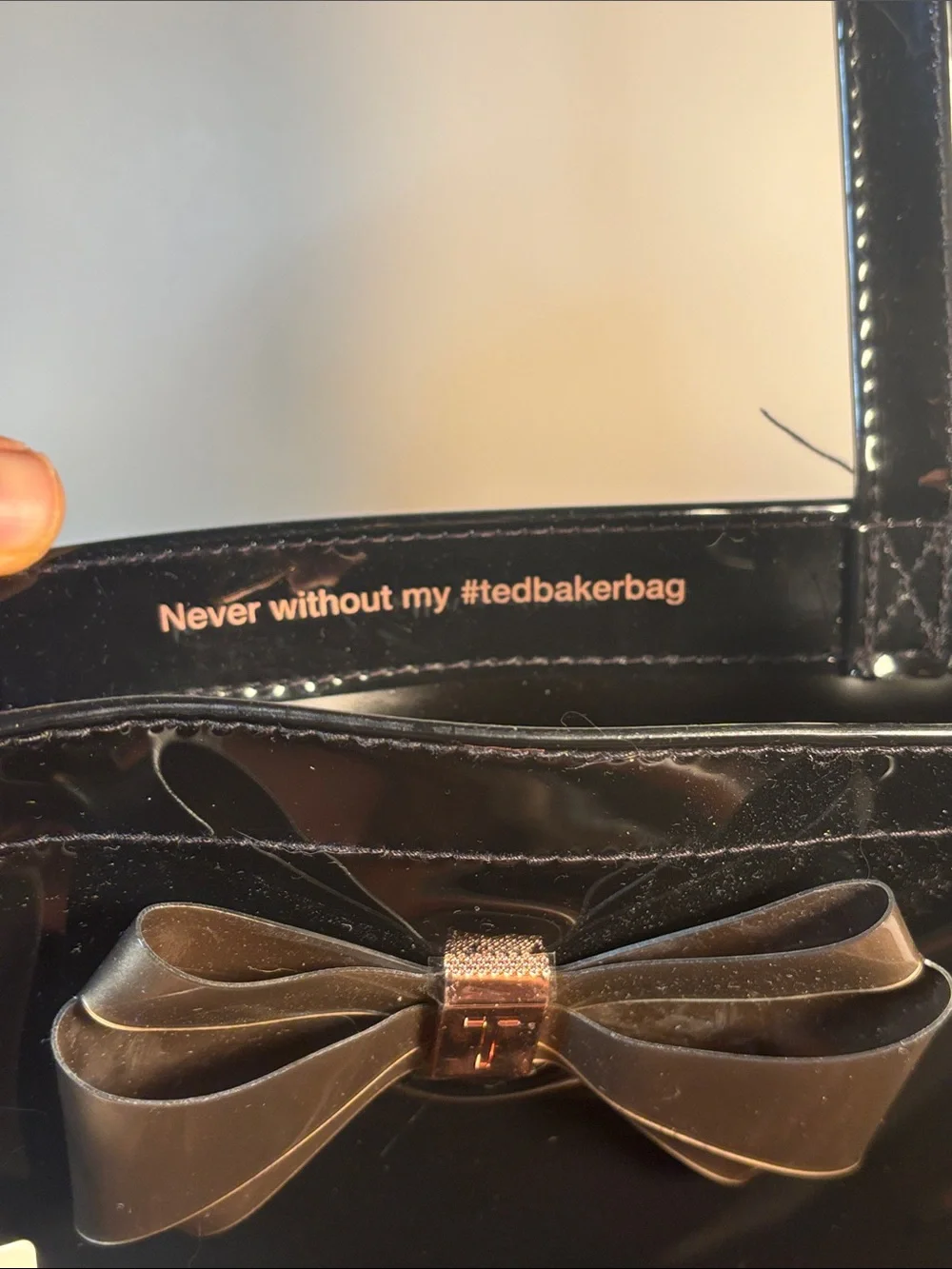 NWT Ted Baker Black Patent Icon Tote Bag with Gold Bow